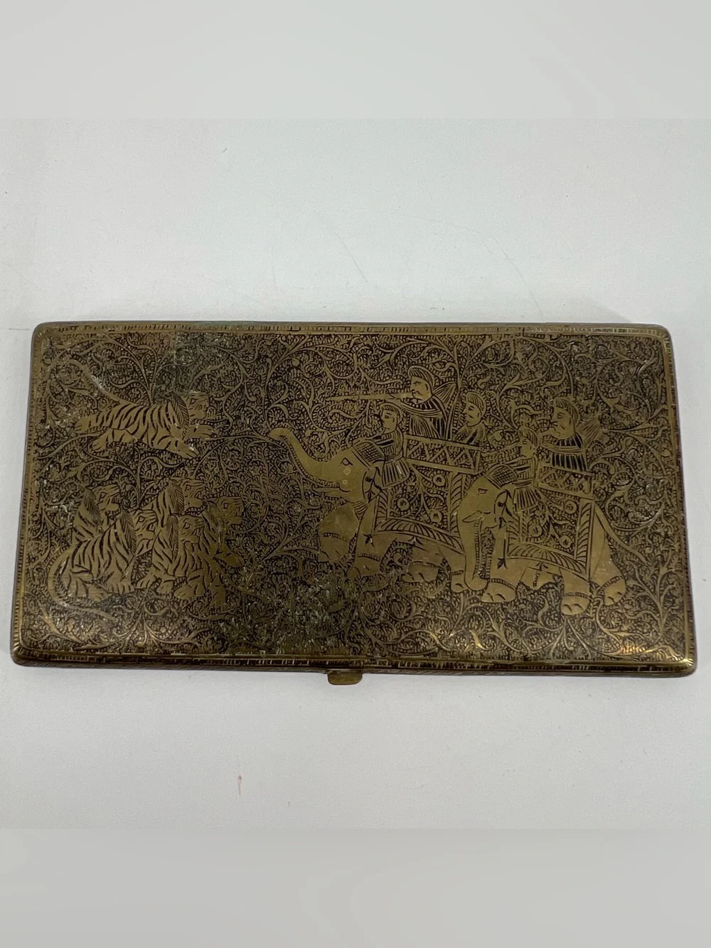 Vintage Brass Etched Cigarette Case Elastic Band Ornate Elephants Hunting Patina